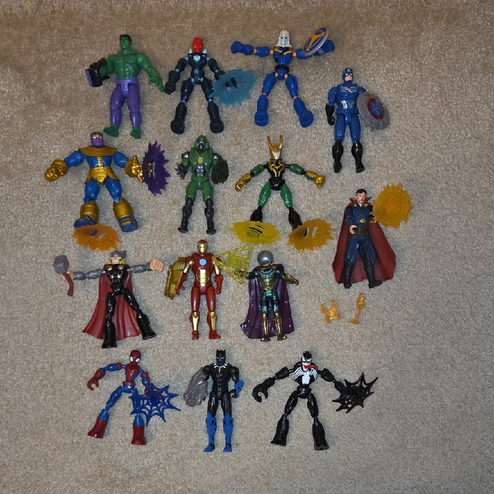 Marvel Superhero Action Figure Collection with Red, Blue, and Gold - New